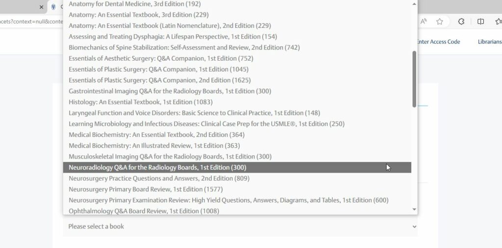 screenshot of a dropdown menu of a list of book titles with Neuroradiology Q&A for the Radiology Boards, 1st edition selected