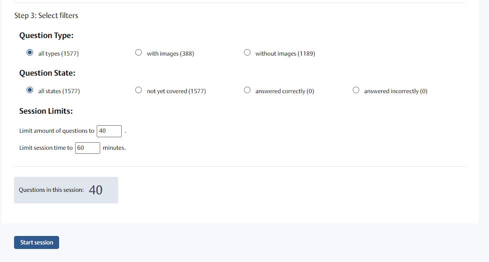 screenshot of a menu of filters including question type, question state and session limits.  