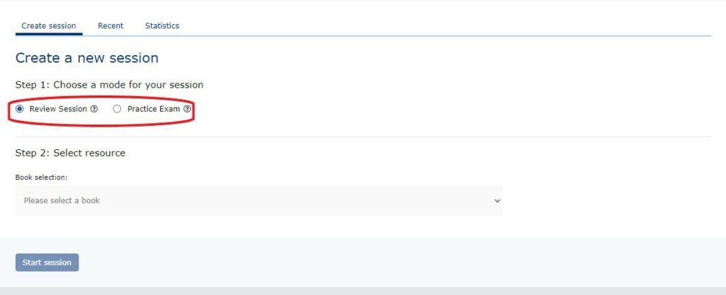 screenshot of a radio button selected for Review Session with a red circle drawn around it