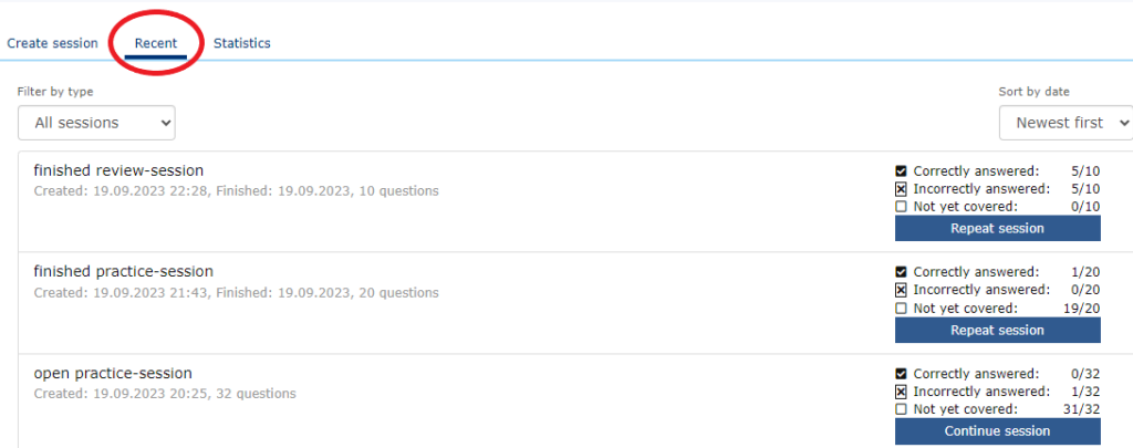 screenshot of recently completed sessions showing their status of progress, number of questions answered and time and date of completion.