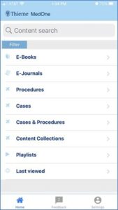 MedOne App table of contents