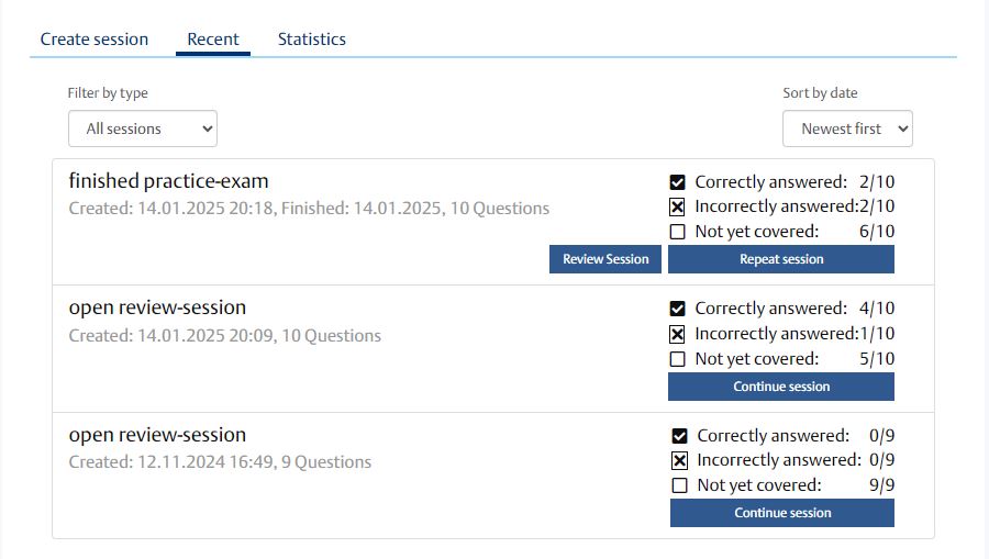 QA Recent Sessions