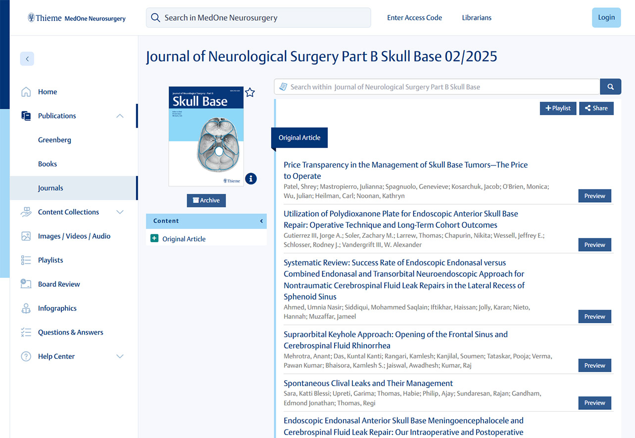 Thieme MedOne Neurosurgery Journals Screenshot